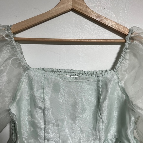 Japna Mint Green Puff Sleeve Smocked Peplum Top - Size M - Picture 5 of 10